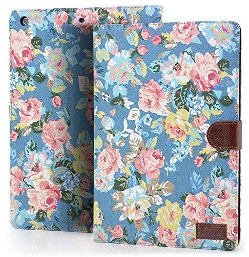 deenor iPad Mini3 Funda, iPad Mini2 Carcasas, iPad Mini Funda, Retro Flowers Diseño Flip Carcasas PU Cuero Carcasas Stand Funda Carcasas para Apple iPad Mini 1/2/3 Generation.(Blue Flowers)
