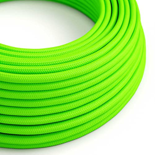 creative cables Fil Électrique Rond Gaine De Tissu De Couleur Effet Soie Tissu Uni Vert Fluo RF06-5 Mètres, 2x0.75