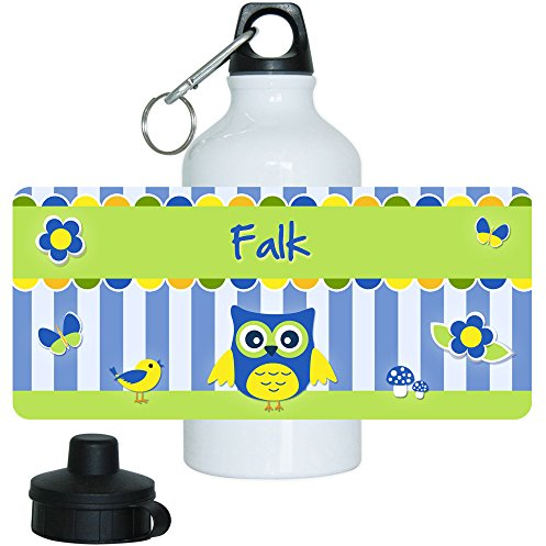 Trinkflasche mit Namen Falk und schönem Eulen-Motiv für Jungen, aus Aluminium