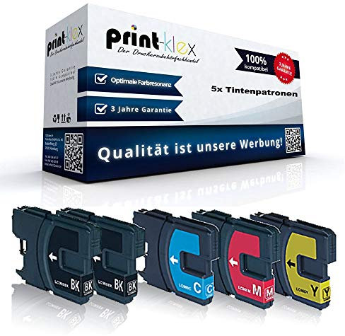 5X Print-Klex Tintenpatronen kompatibel für Brother MFC 290 Series 295 CN 297 C LC-980 LC980 LC980BK LC980C LC980M LC980Y XXL 2X Schwarz 1x Blau 1x Rot 1x Gelb Color Line Serie