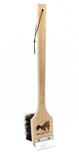 Natural Grill Brush Non Metal Bristles - Durable Non Metal Grill Brush Outdoor Grills Wooden Handle BBQ Cleaning Non-Wire High Temp Cleaner for Cast Iron Grates Safer Scrubber Tools by GRILLBADGER