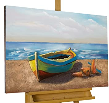 KunstLoft Metallbild 3D | 100% HANDGEFERTIGT | 90x60x3,5cm | Wandbild Metall Deko 'Strandgeflüster' | Boot Strand | Beige Blau | Metall Wanddeko Wohnzimmer