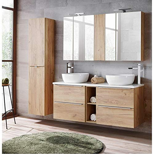 Lomadox Badmöbel Komplett-Set in Wotaneiche, Doppel-Waschtisch mit 2 Keramik-Waschbecken, 2 LED-Spiegelschränke & Hochschrank