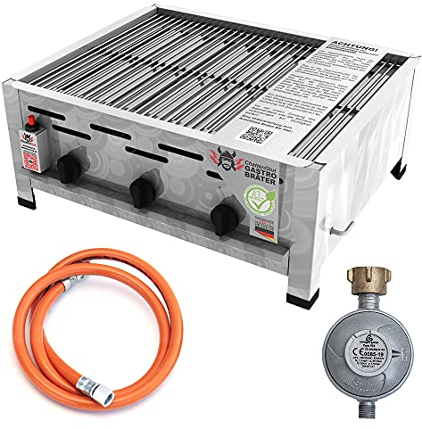 ChattenGlut Professional Gastrobräter 3-flammig Tischgerät Edelstahl Stahlbrenner für Flüssiggas 650x530x270mm (10,8 Rost)