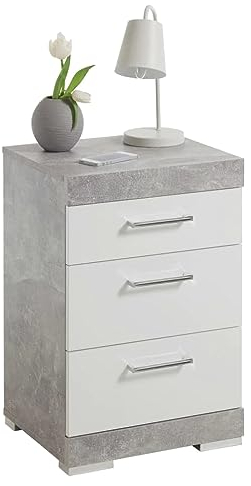 FMD Nachttisch, Kristallglas, Schubladen, Beton/Weiß glänzend