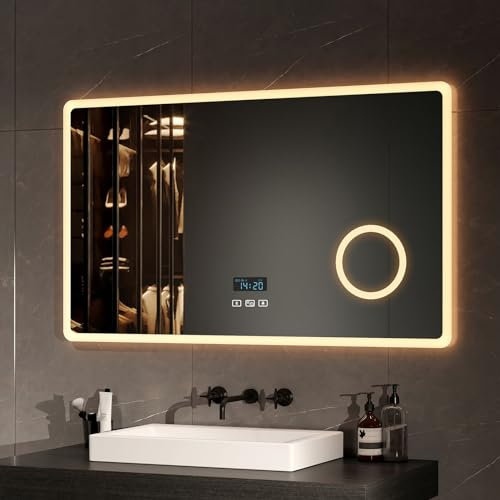 EMKE Badspiegel mit Beleuchtung 100x60cm Badezimmerspiegel mit Bluetooth, Beschlagfrei, 3 Lichtfarbe Dimmbar, LED Badspiegel 3-facher Vergrößerung