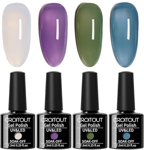 Croitout Jelly Gel Nail Polish Set - Sheer Nude Gel Polish, Crystal Translucent, UV LED Soak Off, DIY Manicure, Nail Salon Varnish 023