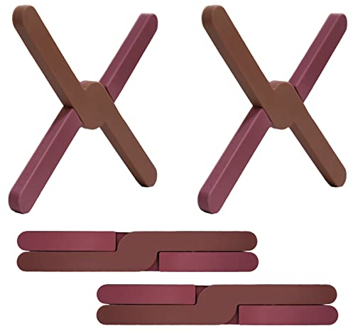 Ben & Bel Stylish X-shaped Foldable Silicone Trivets Set of 2, Non-Slip Worktop Protector Heat Resistant for Hot Pans/Dishes/Plates/Pots, Ideal for Camping/Caravan, Brown+Brown