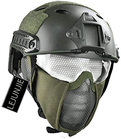 Casco FAST Tattico Softair Multifunzionale Tipo PJ con Protezione per le Orecchie Pieghevole Maschera in Rete d'acciaio e Occhiali