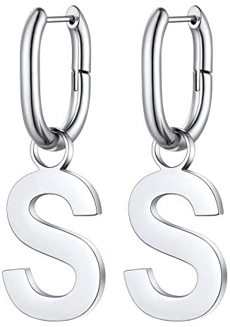 FOCALOOK Damen U-förmige Creolen Ohrringe, Ohrringe mit Buchstabe S, 316L Edelstahl Ohrhänger in Silber, Hängende Ohrringe für Geliebte/Freundin/Tochter zum Geburtstag/Valentinstag/Weihnachte