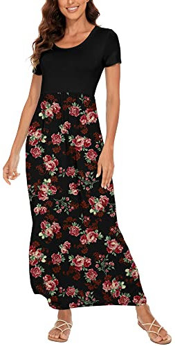 DEARCASE Robe Longue Femme Ete Ample DéContractéE Robe à Manches Courtes Fleurie Robes de Plage avec Poches Rose Noir S
