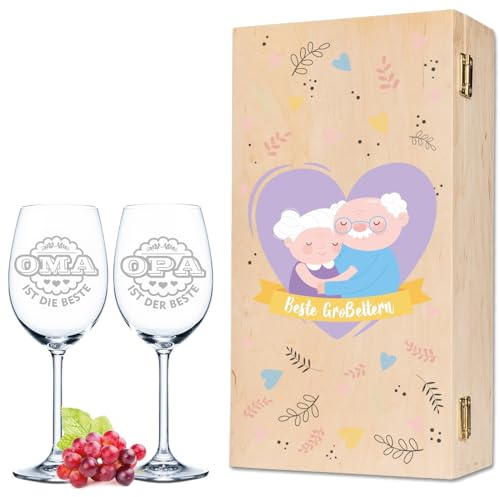 GRAVURZEILE Leonardo Weingläser mit Gravur inkl. Holzkiste - Oma ist die Beste & Opa ist der Beste im Set - Geschenk für die Großeltern zu Weihnachten oder Geburtstag - Farbe: Kleine Kiste UV