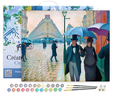 Figured'Art Peinture par Numéro Adulte avec Cadre Rue de Paris, temps de pluie - G. Caillebotte - Activité Manuelle Kit de Loisir Créatif DIY Numéro d'Art Complet - 40x50cm toile tendue sur châssis