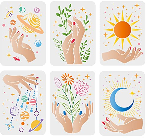 FINGERINSPIRE 6 Stück Handmuster Schablonen 29,7x21cm Sonne Mond Stern Schablonen Pflanzen Blumen Schablone kosmische Planeten Muster Schablonen zum Malen auf Holz, Boden, Wand und Fliesen