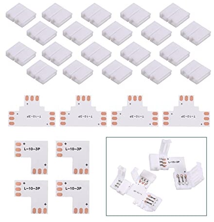 Worahroe LED Strip Verbinder - 28 Stücke Streifen Anschluss 3 Pin 10 mm Lötfreier Licht Anschluss, 50m L Form und T Form Adapter für WS2811 Leuchten Verlängerung