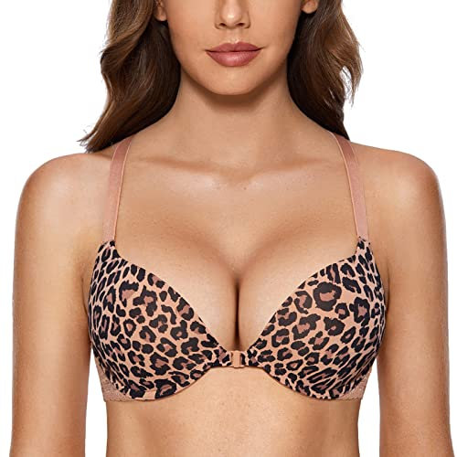 DOBREVA Women's Push Up Bra Front Fastening Bras T Shirt Racer Back Padded Underwired Plunge Bra Natural Leopard 34A