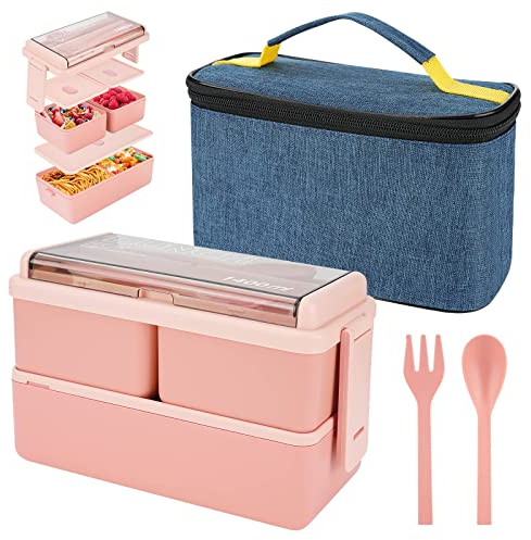 Boîte à lunch de 1400 ml avec 3 compartiments - Boîte à bento à 2 couches avec sac et couverts isolés, boîte à conteneurs de préparation de repas pour adultes les étudiants pour enfants (rose)