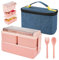 Boîte à lunch de 1400 ml avec 3 compartiments - Boîte à bento à 2 couches avec sac et couverts isolés, boîte à conteneurs de préparation de repas pour adultes les étudiants pour enfants (rose)