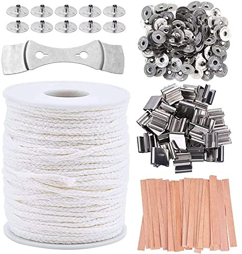 61M Kerzendocht,Kerzendocht Baumwolle,Naturkerzendocht Geflochtene Flachdocht für Kerzen,Rauchfrei,mit 1 Metallhalterung+100 Eisenbleche+25 Holzdocht+25 Eisenständer für Kerzenherstellung DIY Kerze