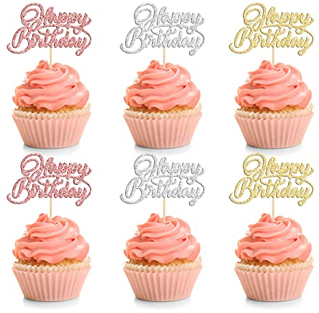 24Pcs Happy Birthday Cupcake Toppers Glitter Birthday Cupcake Food Picks for Celebrating Happy Birthday Party Cake Decorations Supplies Gold Rose Gold Silver