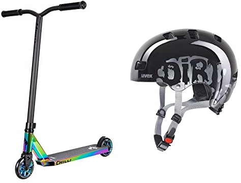 Chilli Scooter Rocky neochrome Stuntscooter | ideal für Anfänger | 110mm PU Rollen inkl. ABEC 9 Kugellager | Stunt Roller direkt für die Rampe & Uvex Kinder Fahrradhelm Kid 3,Dirtbike Black,51-55 cm