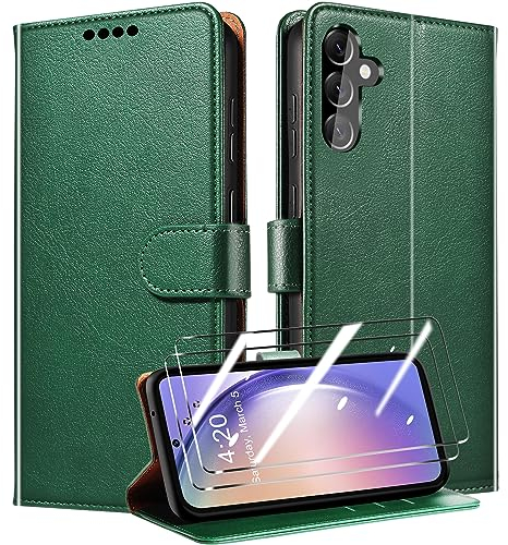 QHOHQ Handyhülle für Samsung Galaxy A54 5G Hülle + 2 Stück Panzer Schutz Glas, Premium PU Schutzhülle, [RFID Anti-Diebstahl Schutz], Magnetisches Flip Case für Samsung A54 5G - Grün