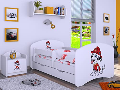 BDW Kinderbett Super Hunde - Babybett mit Matratze und Schublade - Bequem und Langlebig Rausfallschutz Bett - Kinderzimmer - Weiß (Motiv 4) - 160x80