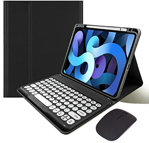 KMXDD iPad 10th Generation Keyboard Case with Bluetooth Mouse Round Key Cute iPad 10 Removable Color Keyboard Cover (Black)