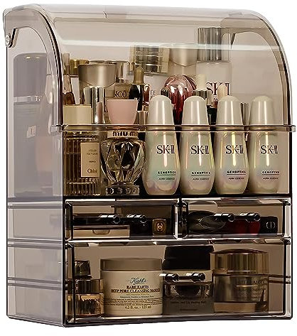 Kousee Professional Cosmetic Makeup Organizer with Lid Dust Water Proof, Large Skin Care Cosmetic Display Case with 3 Drawers, Bathroom Vanity Countertop Storage for Lipsticks Jewelry, Perfume, Black