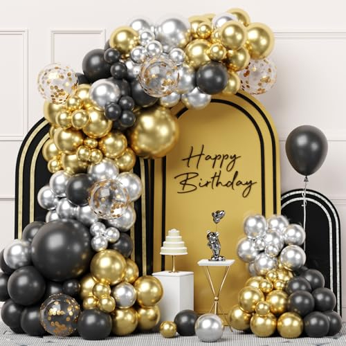 Black Gold Balloons Arch Kit, 100Stück Ballons Schwarz Gold Silber,Ballon Girlande Schwarz Gold für Männer Geburtstag Party,Abschlussfeier,Neues Jahr,Ruhestand,Baby Shower,Hochzeit,Halloween Deko