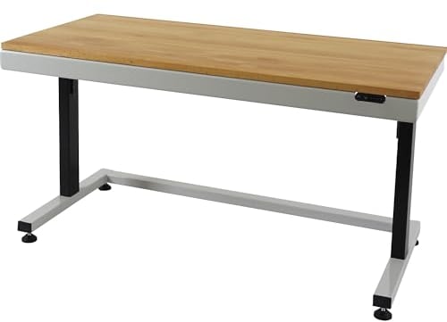 eurokraft | Arbeitstisch | elektrisch höhenverstellbar | Platte aus Leimholzbuche | grau