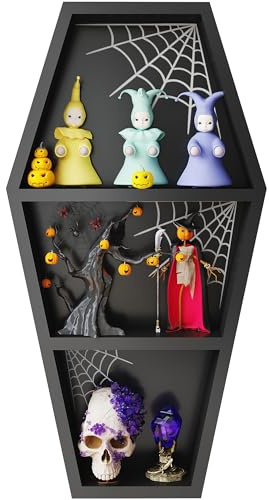 Halloween Goth Sargregal 61 cm mit Spinnennetz, Holzsarg Bücherregal Gothic Dekor für Zuhause, Kristallregal für Display, schwarzes gruseliges Curio-Regal für Heimdekoration, Hexenraumdekor für