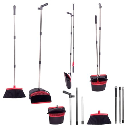 K-ONE Long Handle Broom and Dustpan Set Comb Dustpan for Home Room Kitchen Dustpan with Broom (Red-Black)