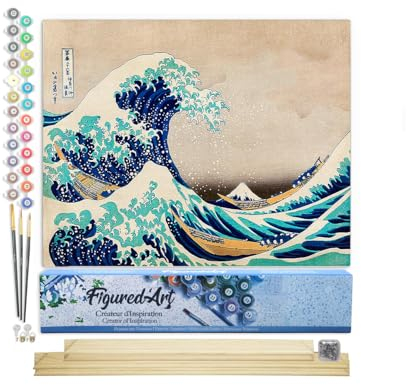 Figured'Art Malen Nach Zahlen Erwachsene Mit Rahmen Die große Welle von Kanagawa von Katsushika Hokusai - Paint by Numbers Basteln DIY Bastelset 40x50cm Mit Keilrahmen (nicht gespannt)