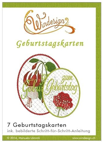 Windesign Stickmuster-Vorlagen CD, Motiv Geburtstagskarten, 7 Stickvorlagen, Freistehende Spitzenstickerei, Stick-Software, Doodle-Stitching Stickdateien für Brother, Bernina, Babylock, Pfaff