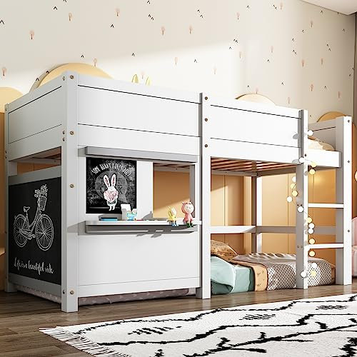 Kinderbett, Hochbett 90x200 mit Leiter, Etagenbett mit zwei Wandtafel & Kleiner Ablage, Spielbett, Hausbett, Stockbett, Holzbett, Bettgestell, Jugendbett, Rausfallschutz Bett, Kinderhochbett, Weiß
