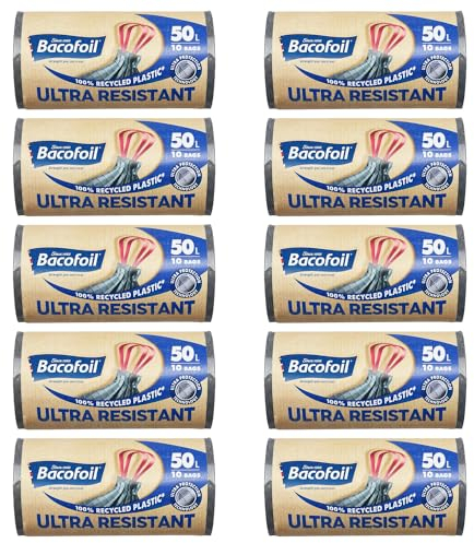 Bacofoil Ultra Resistant Bin Liners with Drawstring Handles 50L - Leak-Proof and Tear Resistant Bin Bag with Ultra Protection Technology (10 Rolls, 100 Bags)…