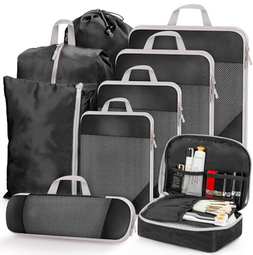 MUUKAIII Koffer Organizer Set 9 Teilig, Packing Cubes Compression,Packtaschen mit Kompression,Travel Organizer für Koffer und Rucksack,Packwürfel,Kofferorganizer Reise Kleidertaschen,Schwarz