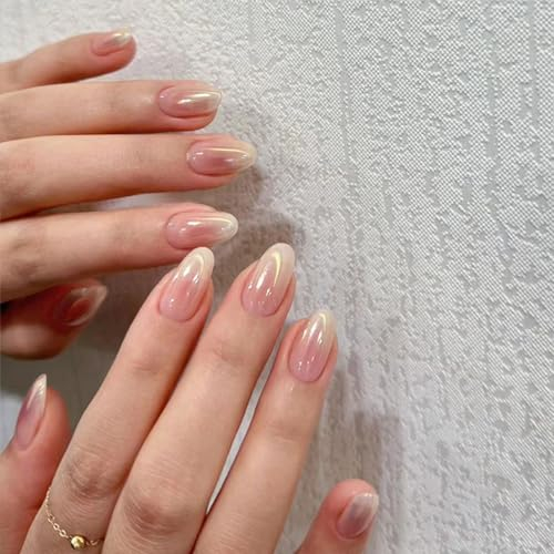 24Pcs French Tip - False Nails Almond - Pearl White Press on Nails with Nail Glue - Acrylic Full Cover Artificial Fake Nails for Women and Girls (Pearl White)