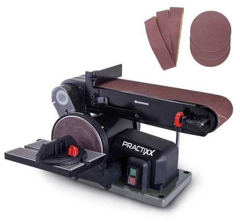 Practixx Ponceuse à bande et à disque PX-BTS-370 - 370 W - Plateau de ponçage Ø 150 mm - Longueur de bande 100 x 915 mm - Vitesse de bande 450 m/min - Table en aluminium et butée transversale -