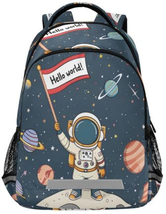Mnsruu Sonnensystem Astronaut Planet Hello World Rucksack, College, Schule, Schultertasche, Laptoptasche, Tagesrucksack, Büchertasche für Teenager, Mädchen, Jungen, mehrfarbig, L