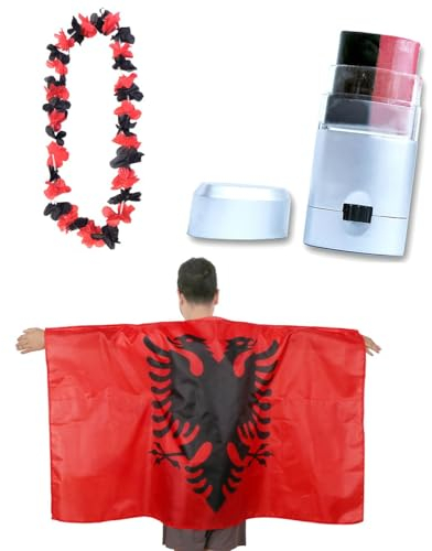 Sonia Originelli Fanset Fanartikel Poncho Fahne Flagge zum Umhängen Schminkstift und Blumenkette Hawaiikette Farbe: Albanien