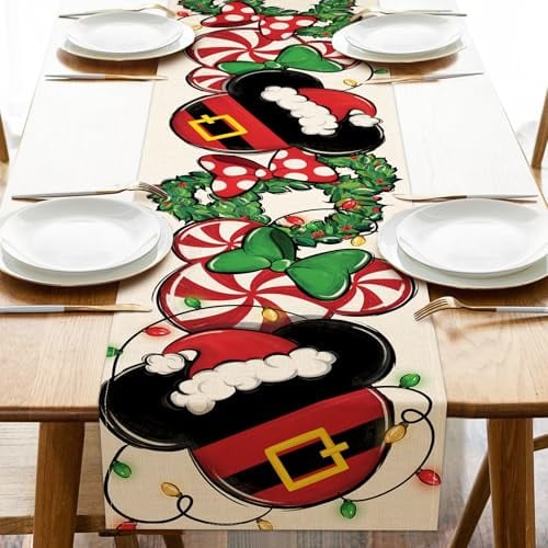 Croar Weihnachtlicher Tischläufer mit Cartoon-Maus, Weihnachtskranz, Pfefferminzbonbons, für Küche, Esstisch, Dekoration, lustige Feiertags-Dekoration, für drinnen und draußen, Heimdekoration,