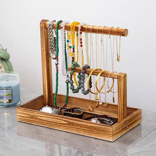 Présentoir à bijoux en bois - Porte-colliers amovible - Porte-colliers vintage - Support de montre - Arbre à bijoux pour colliers et bracelets, bagues et boucles d'oreilles