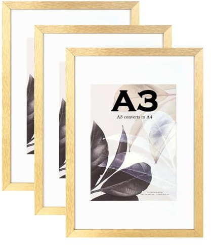 Scholar Tree Gold Wooden Picture Frame A3 with Mat,Set of 3, Mount for A4 Picture or Certificate,Wall Mountable