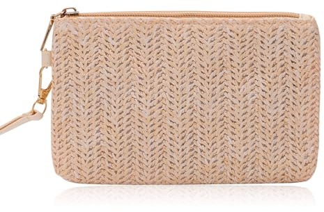 Risipu Womens Straw Clutch Bag Woven Handbag Bohemian Summer Beach Bags Purse Zipper Wristlet Bag Straw Clutch Purse Straw Handbag for Women Girls (Off-white)