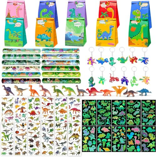 Dino Party Mitgebsel Kindergeburtstag, Dinosaurier Geburtstagsdeko, 12 Geschenktüten+12 Schlüsselanhänger+12 Klatscharmbänder+12 Mini Dinos Figuren+24 Aufkleber, Dino Geburtstag Party Zubehör