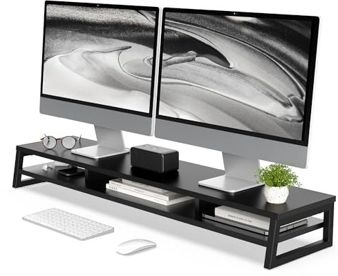 Fenge Soporte de Monitor de Madera con Marco de Metal, Elevador Monitor de 2 Capas para Doble Monitor, Organizador de Almacenamiento de Escritorio para el Hogar o la Oficina, 108x25,5x13,7cm (Negro)