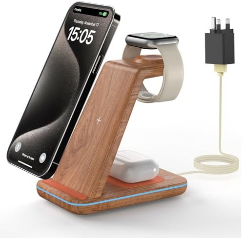 GEEKERA Wireless Charger, 3 in 1 Wireless Charging Station for iPhone 16/15/14/13/12/11/Pro Max/X/8, Phone Watch Charger Stand for Apple Watch 10/Ultra/9/8/7/6/5/4/3/2, AirPods 4/Pro/3/2-Wood Grain