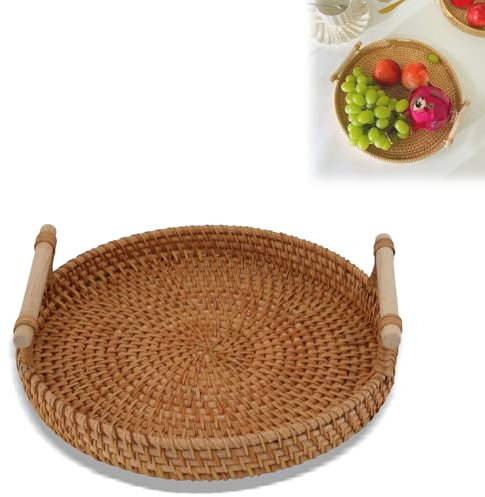 Cestas De Almacenamiento Redondas De Ratán,Bandeja De Fruta De Ratán Con Asas De Madera Maciza, Exquisita Bandeja Redonda Tejida a Mano Para Servir, Exhibición De Almacenamiento, Pan Y Fruta